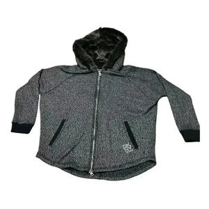 DKNY Womens Hooded Jacket Gray Black Space Dye Zip Up Faux Fur Lined Pockets S